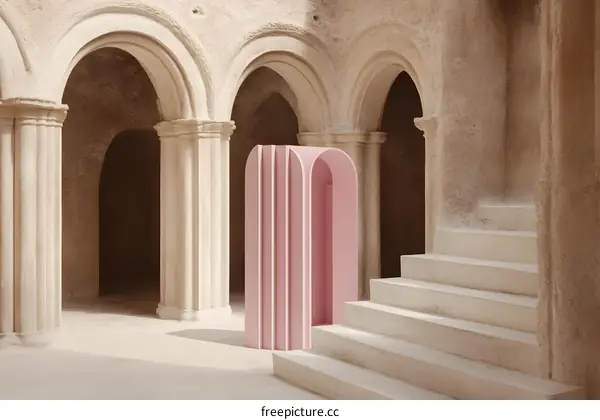 Pink Archway in a Stone Courtyard