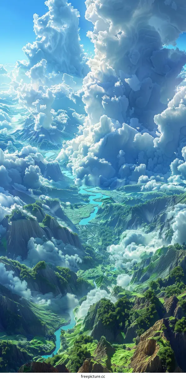 Fantasy Landscape with Mountains, River and Clouds