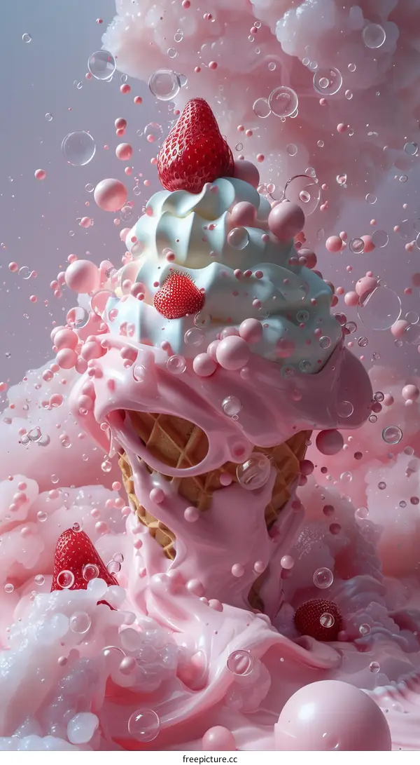 Pink Strawberry Ice Cream Cone with Bubbles