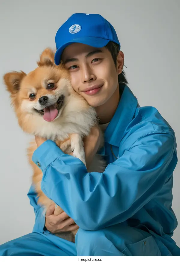 Man and dog wearing blue outfit