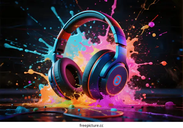 Colorful Headphones with Splashes of Vibrant Paint on Dark Background