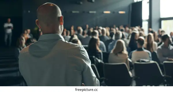 A speaker is giving a presentation to a large audience.