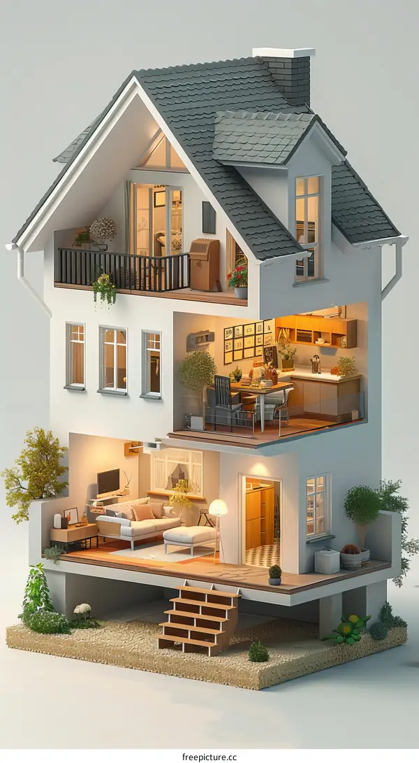 3D illustration of a three-story house with a gray roof and white walls