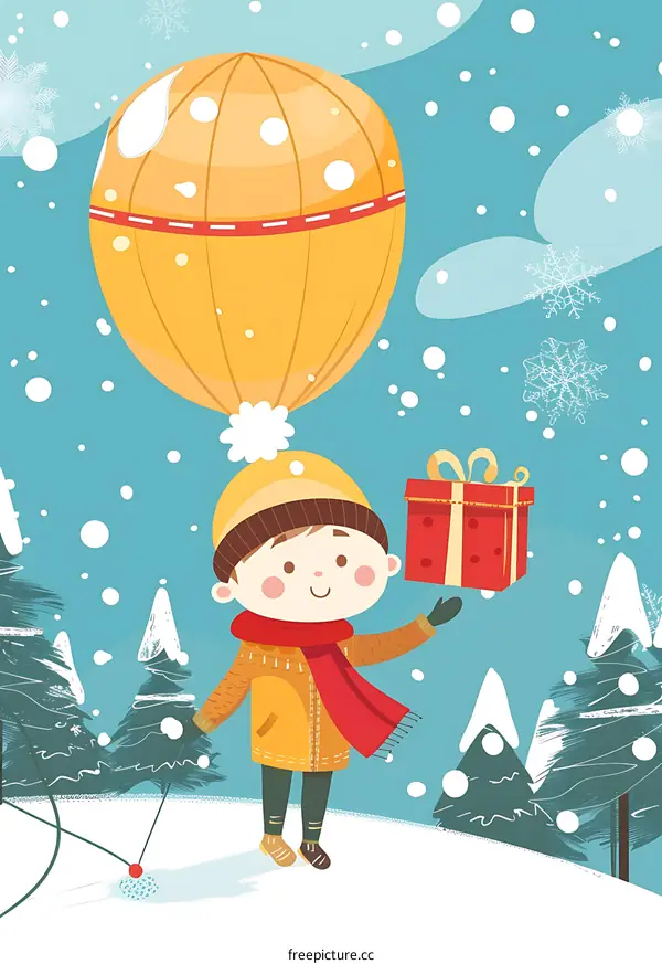 Boy With Balloon Gift In Winter