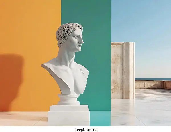 White Marble Bust Sculpture with Green and Yellow Background