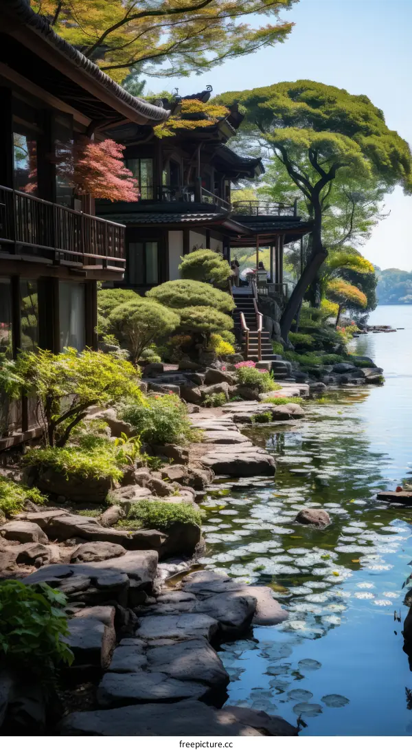 Japanese traditional house and garden near lake