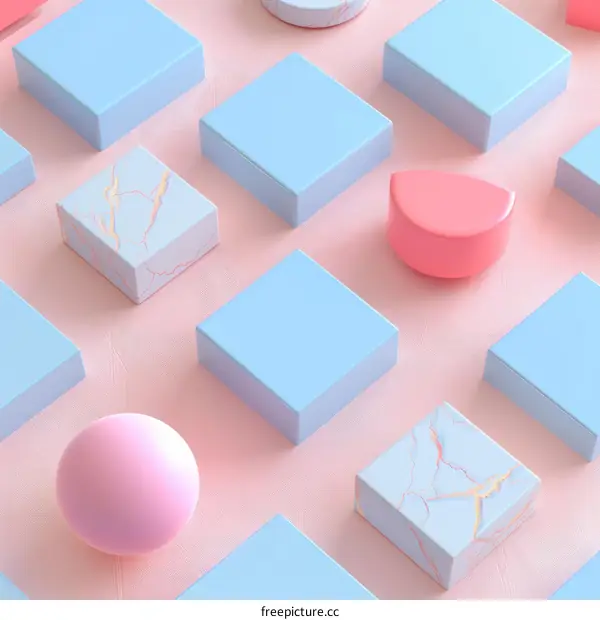 3D rendering of pink and blue geometric shapes