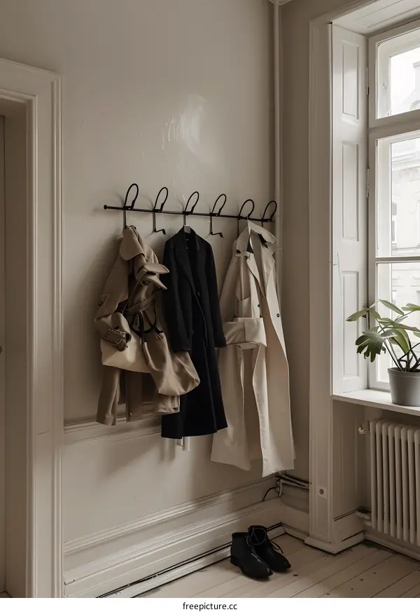 Minimalist White Wall with Black Hooks and Hanging Coats