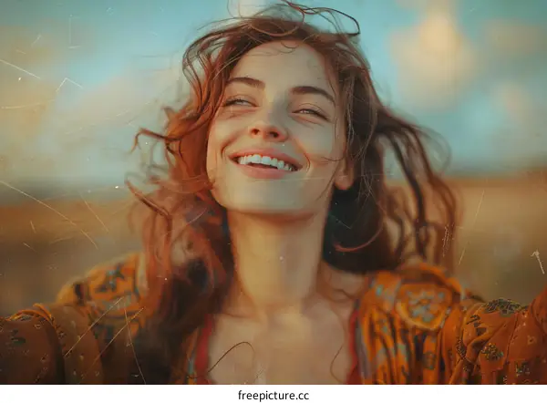 Woman with Red Hair Smiling in the Field
