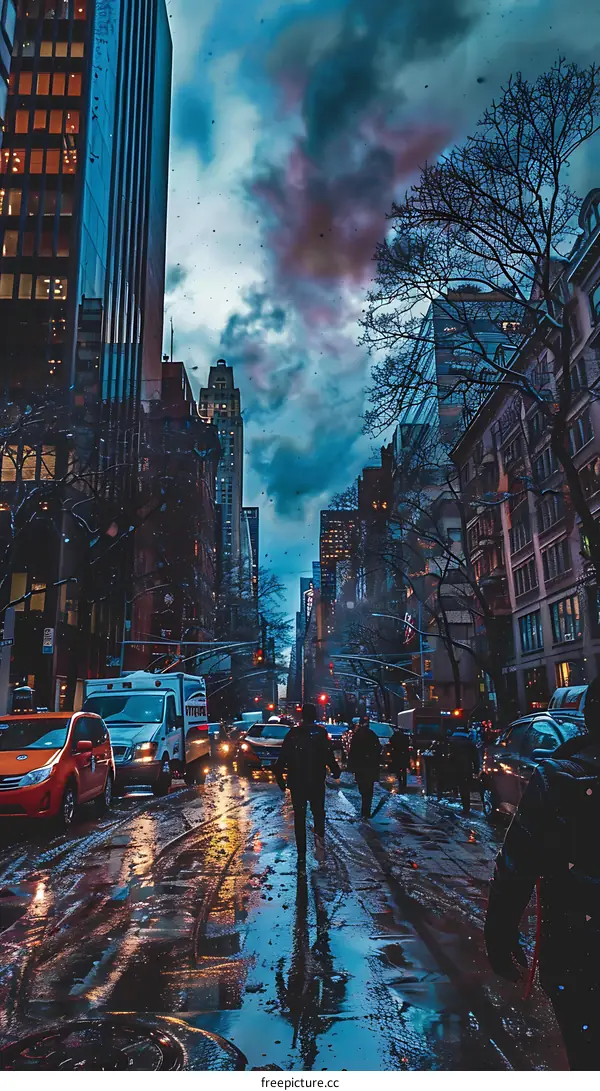 Snowy City Street with Buildings and People