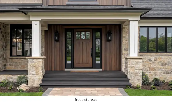 Modern Farmhouse Entrance with Stone and Wood