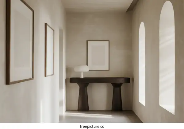 Minimalist corridor with arch windows and wooden console table