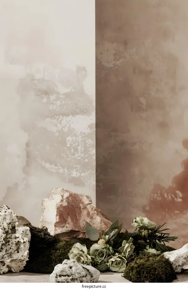 White and Brown Wall with Green Flowers and Rocks