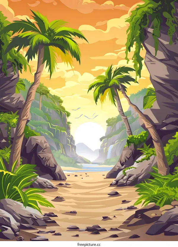 Tropical Beach Scene with Palm Trees and Cliffs