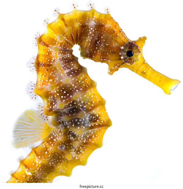 A yellow seahorse isolated on a white background