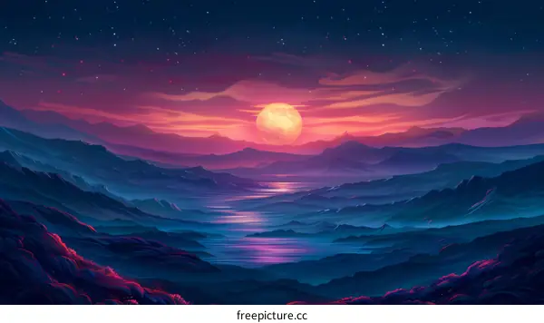fantasy landscape with mountains and a large moon
