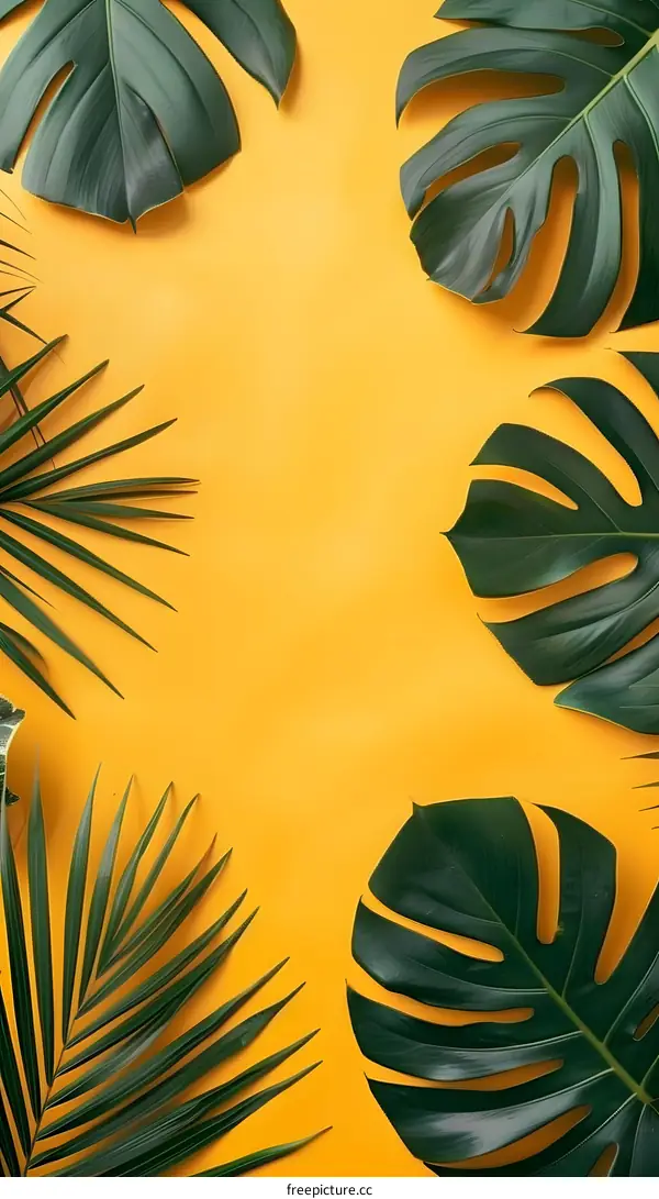 Green Tropical Leaves on Yellow Background