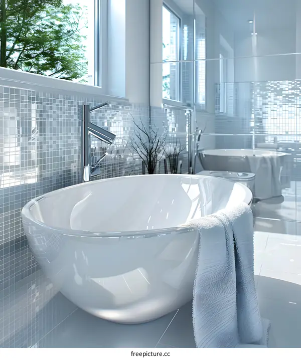 Modern Bathroom with White Bathtub and Towel