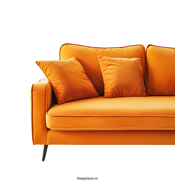 [Transparent Background PNG]Modern Orange Velvet Sofa with Pillows Against transparent background