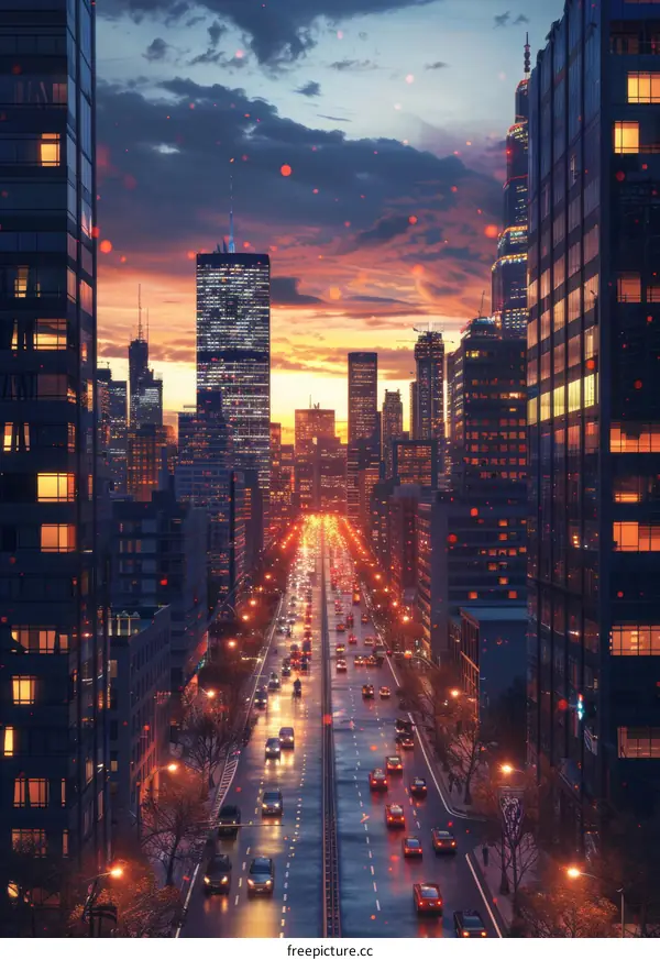 Cityscape at Dusk with Traffic Flow