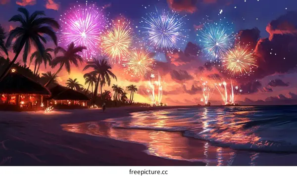 Beautiful Fireworks Display on a Tropical Beach