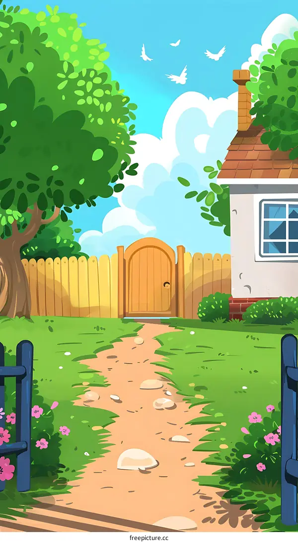 Beautiful Garden Scene with a Wooden Gate and a Pathway