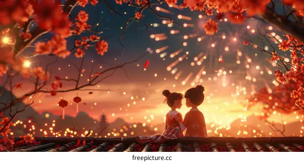 A couple watching fireworks on a rooftop during a festival