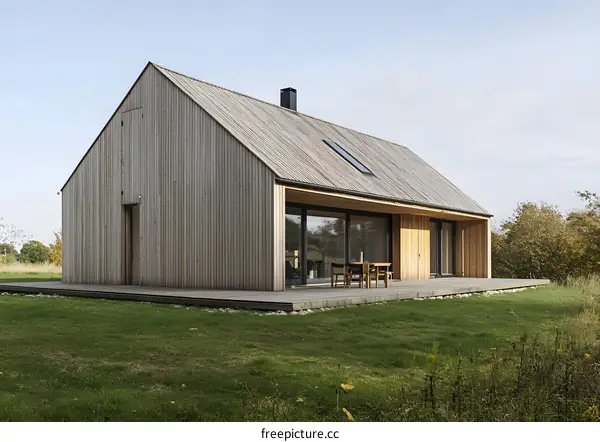 Modern Wooden House with Large Windows and a Deck