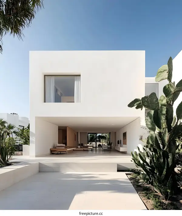 Minimalist Modern White House with Cactus Plant and Patio