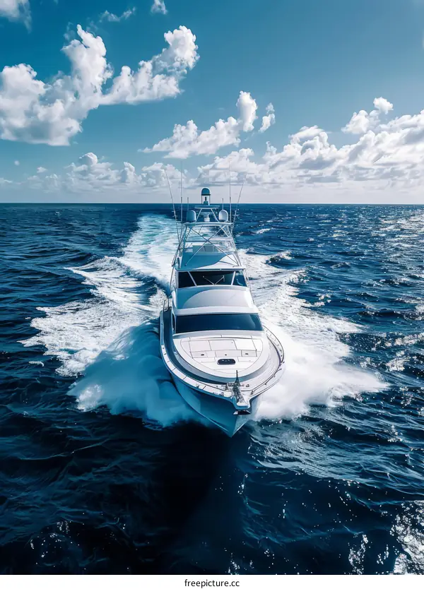 A white yacht is cruising in the vast ocean with blue sky and white clouds