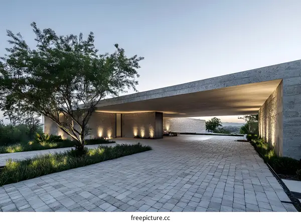 Modern Concrete House with Overhang and Cobblestone Driveway