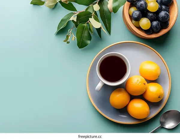 Fresh Oranges and Green Grapes with Coffee on Tabletop