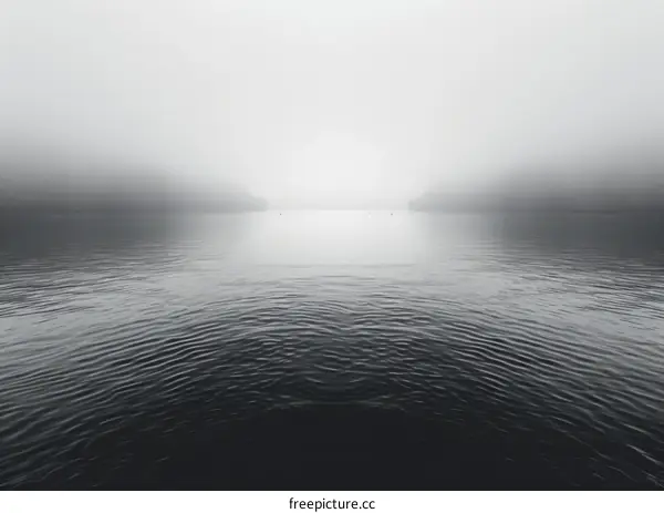Foggy lake with two boats on the horizon