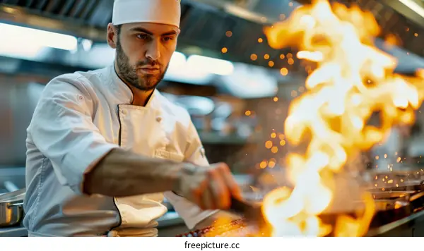Focused male chef cooking with fire in kitchen