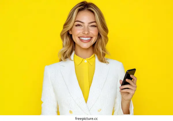 Smiling Business Woman Holding Smartphone Against Yellow Background