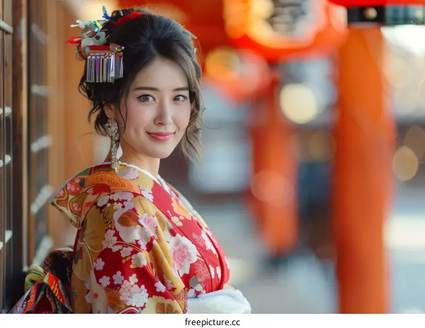 Portrait of a beautiful Japanese woman in traditional kimono