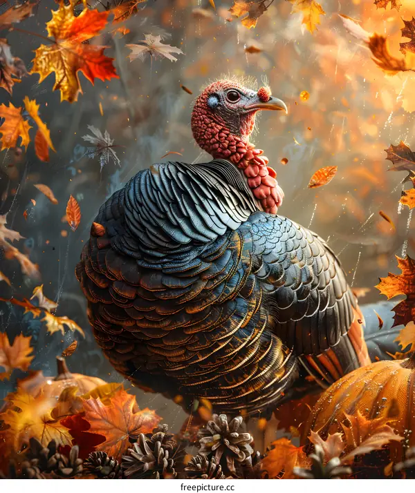 A wild turkey standing in a fall forest