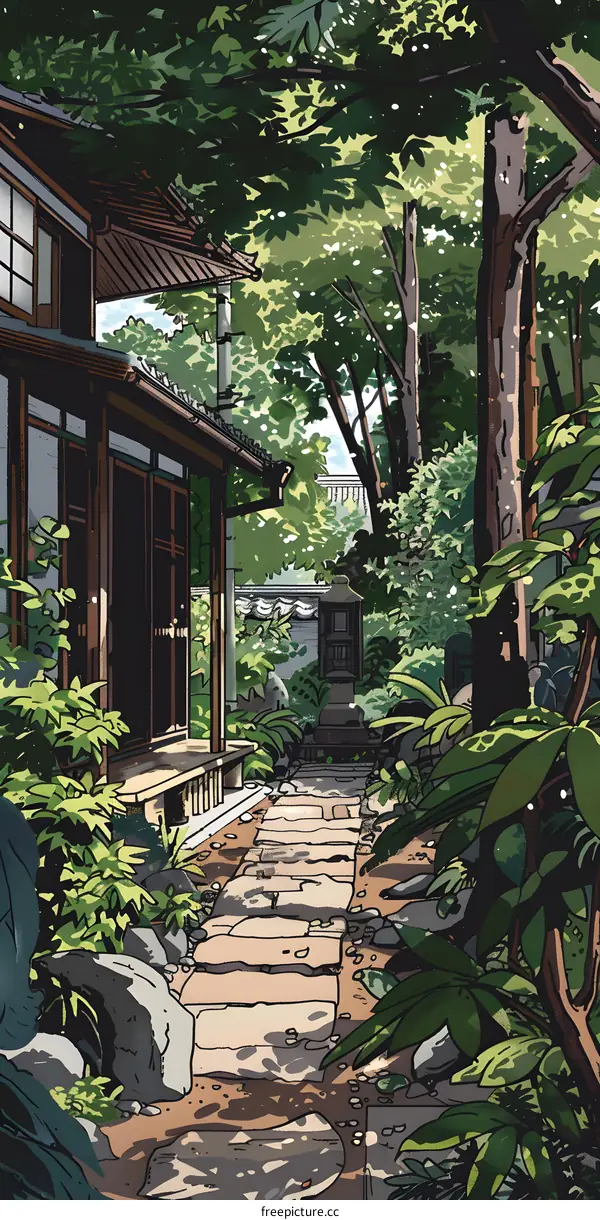 Japanese Garden with Stone Pathway Illustration