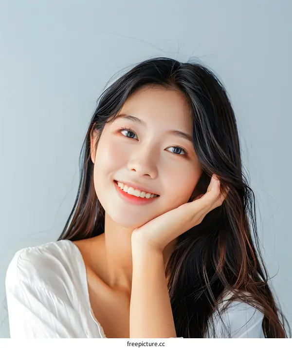 Portrait of a Happy Asian Woman with Long Black Hair