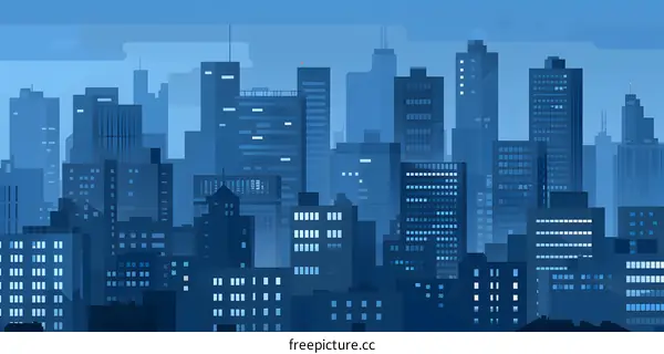 Blue Silhouette Cityscape at Dusk Illustration