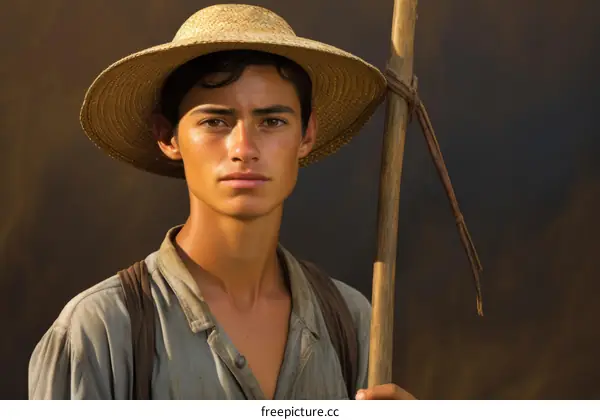 Portrait of a young male farmer wearing a straw hat and carrying a hoe