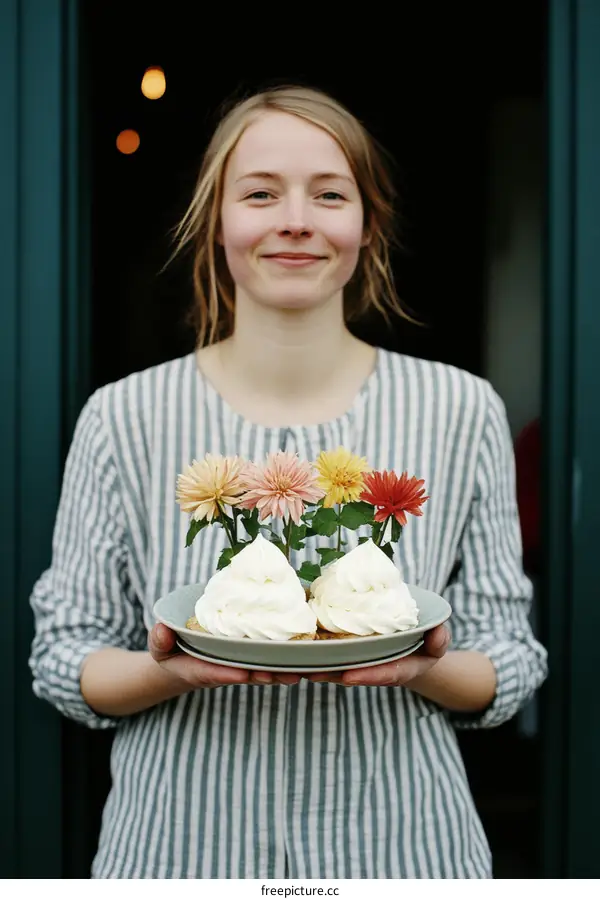 Woman Holding Dessert with Flowers, Beautiful Dessert, Delicious Treat