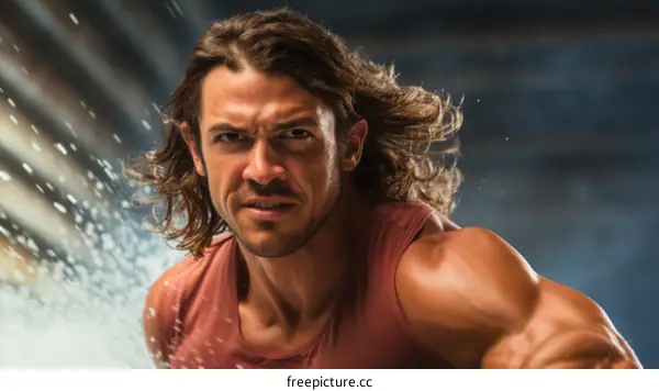 A muscular man with long brown hair and a determined expression on his face