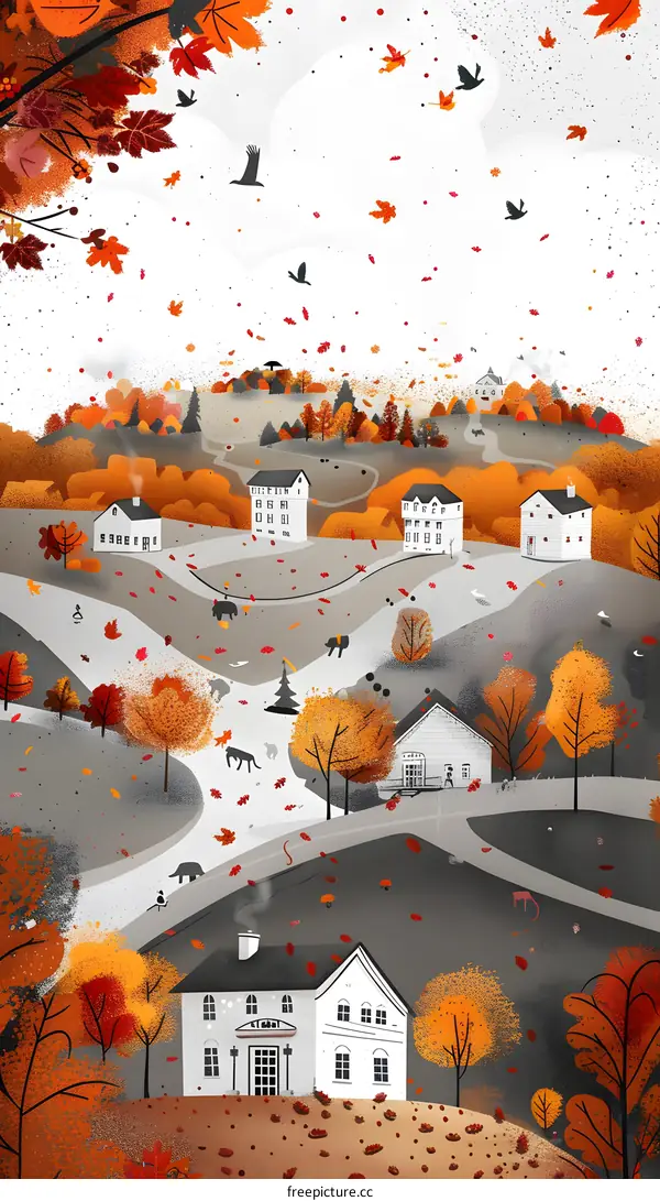 Autumn Landscape with White Houses and Falling Leaves Illustration