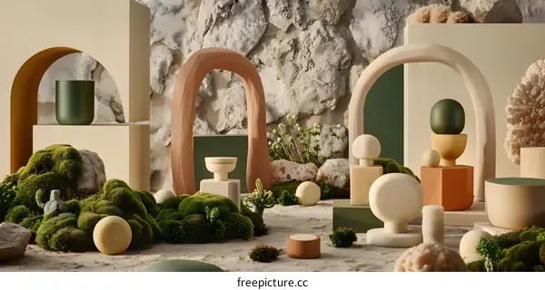 Abstract Minimalist Composition with Arched Shapes, Green Moss, and Stone