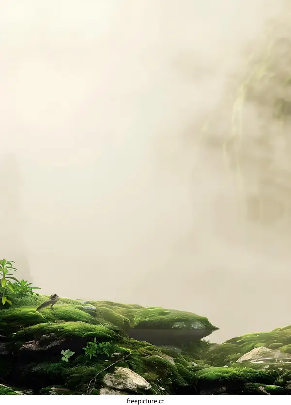 Green Moss Covered Rocks with Foggy Background
