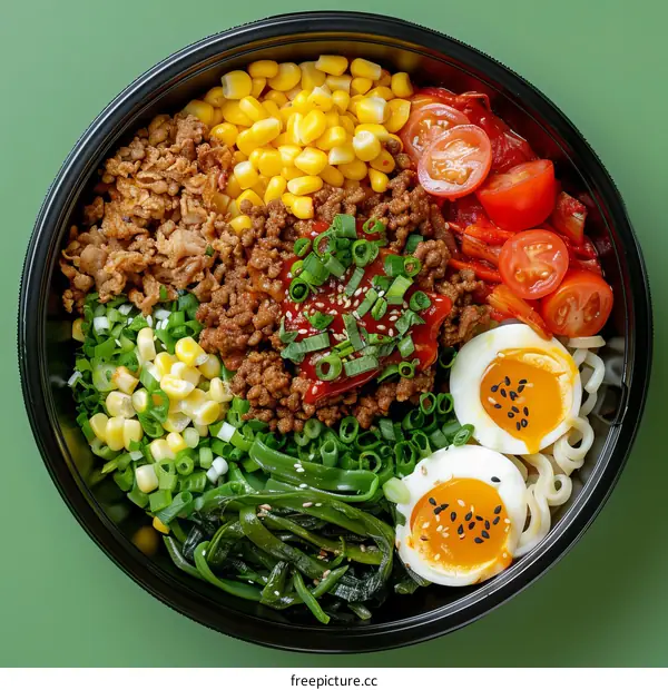 Korean spicy ramen with noodles, beef, vegetables, kimchi and egg