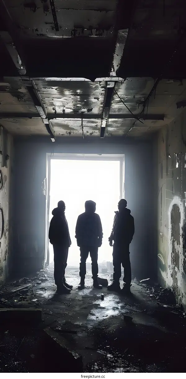 Silhouettes of Three Men Standing in Abandoned Building