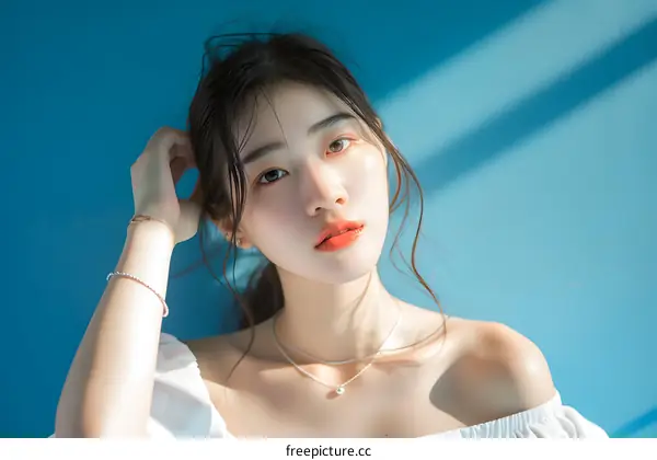 Beautiful Asian Woman Posing with a Blue Background