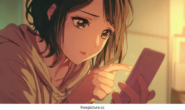 Asian Girl Focused on Smartphone